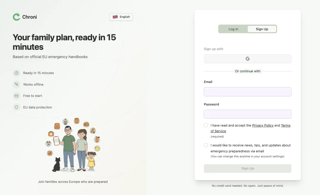 Chroni's sign up page, a multi-language emergency preparedness SaaS with Google OAuth, built on Wasp and Open SaaS.