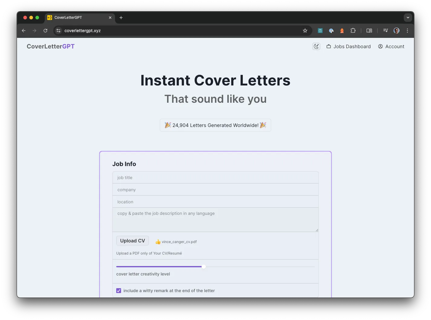 CoverLetterGPT landing page
