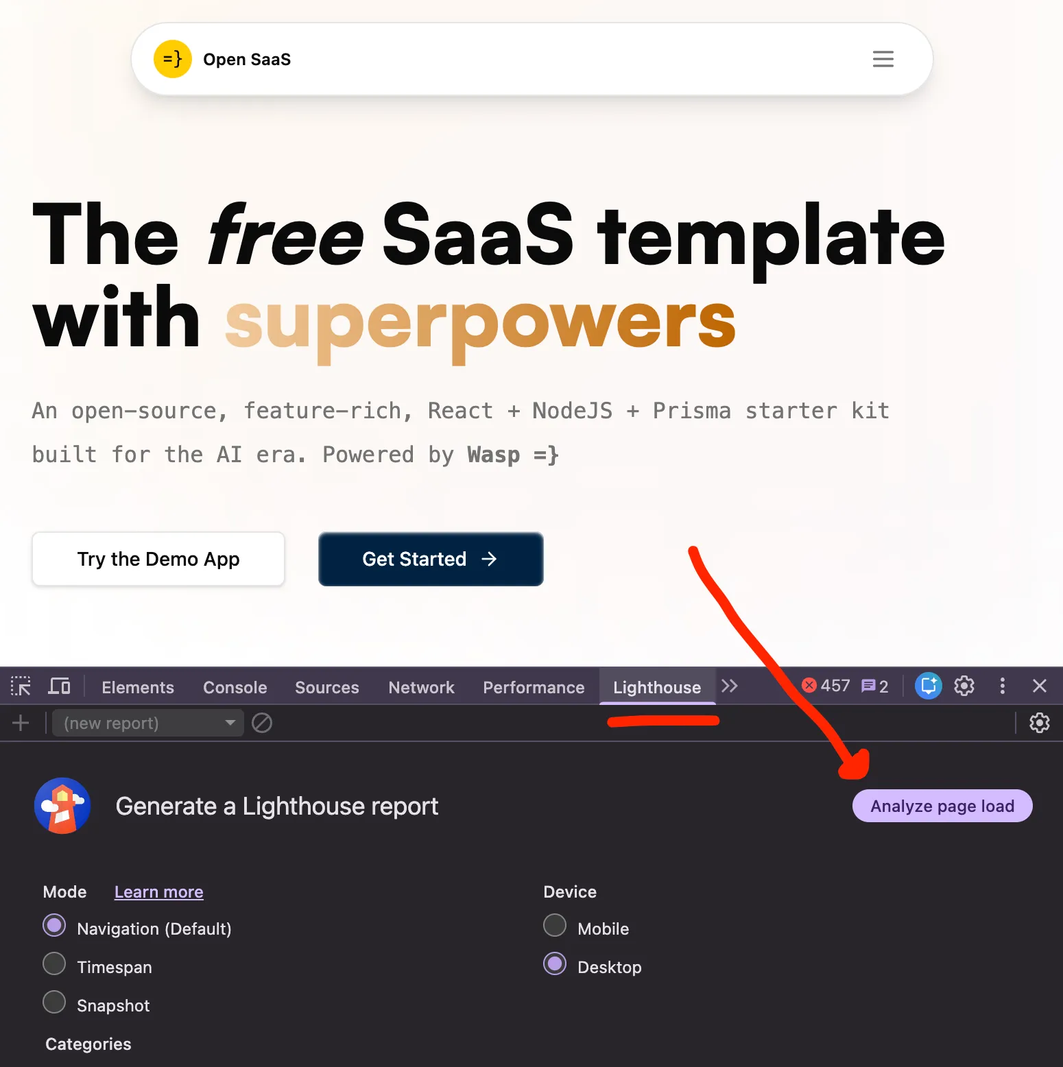 Lighthouse performance audit in Chrome DevTools