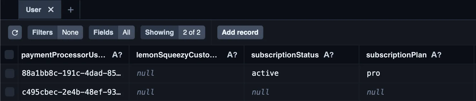 User table showing updated user